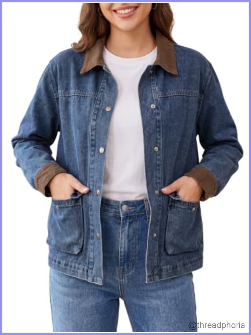 Oversized Denim Jacket Relaxed Fit Button Front Faux Leather Collar Jean Jacket